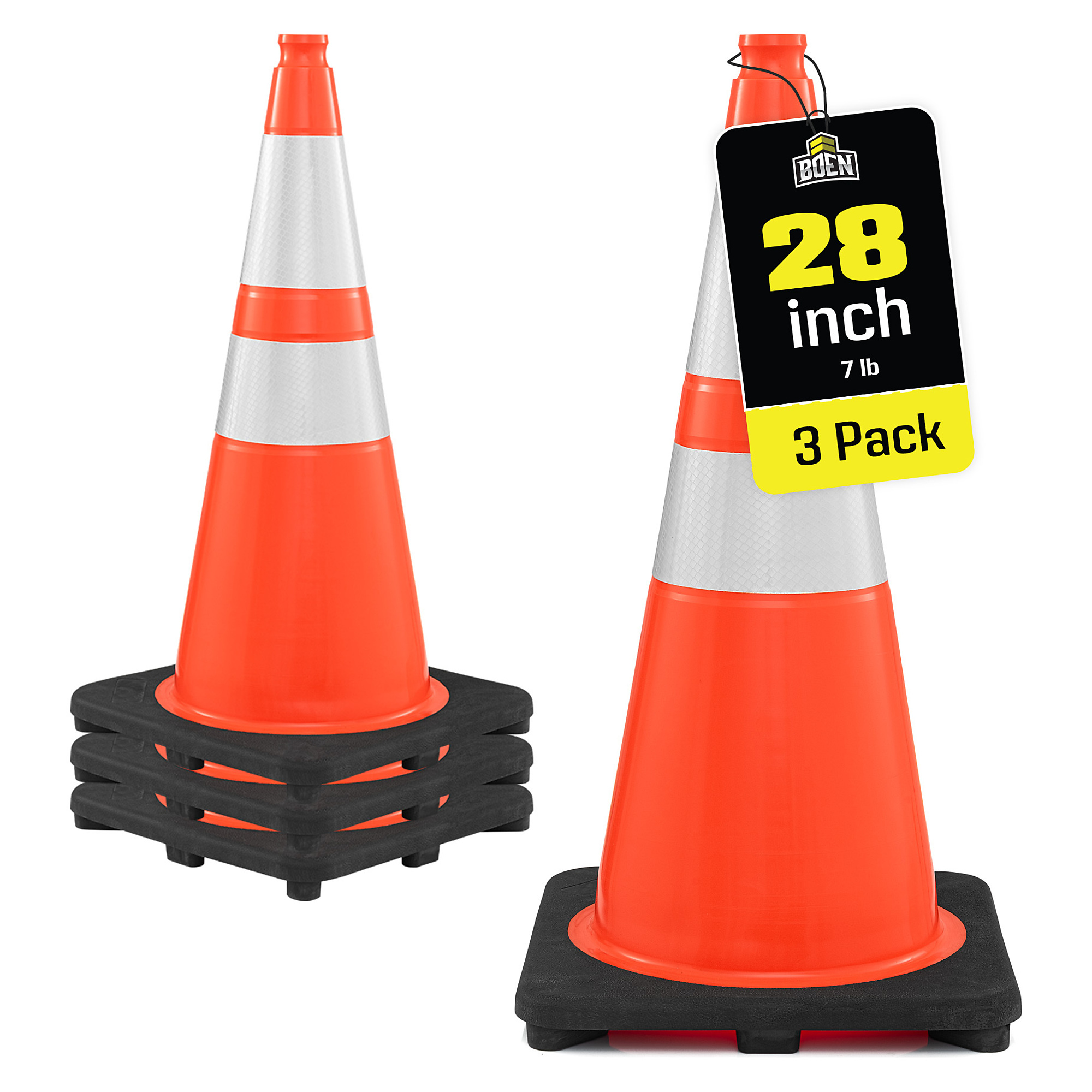 Boen 28 in. Orange Traffic Cones, 3-Pack, MUTCD Compliant Traffic Cones with 2 Reflective Collars & 7 lb. Base for Road Work, Parking & Traffic Control